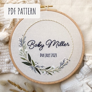 CUSTOM TEXT embroidery hoop pattern, pregnancy or birth announcement, wedding gift, handmade anniversary gift, diy baby name sign