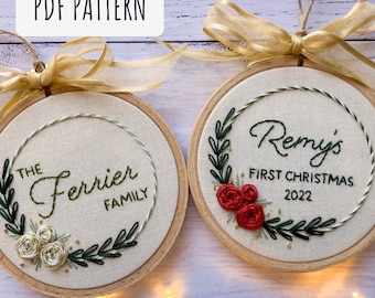 Personalised PDF Christmas embroidery pattern - custom beginner Christmas embroidery pattern - baby's first Christmas ornament pdf