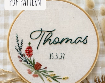 Customised baby name embroidery hoop pattern with Australian native flowers, beginner friendly, gender neutral nursery sign