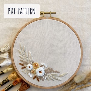 Motif pdf de broderie florale, adapté aux débutants, motif neutre de broderie à la main fleur bohème, fleur séchée apprendre à broder motif