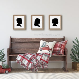 3 Traditional Profile Silhouettes, Personalized Christmas Gift, Siblings, Silhouette from your photo, Kids Room Decor, Silhouette Art image 1