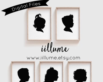 Digital Files of 5 Traditional Profile Silhouettes, Siblings Silhouette, Silhouette from your photo, Silhouette Art Silhouette Portrait