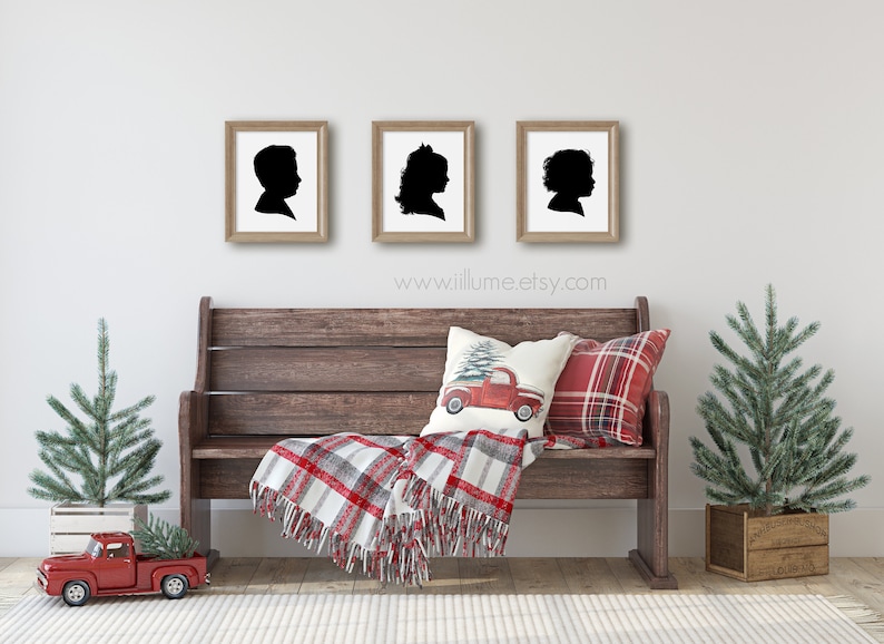 3 Traditional Profile Silhouettes, Personalized Christmas Gift, Siblings, Silhouette from your photo, Kids Room Decor, Silhouette Art image 1