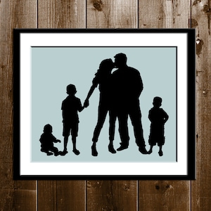 Custom Silhouette Portrait, family of 5, from your own photo, great gift idea, 8x10 inch print