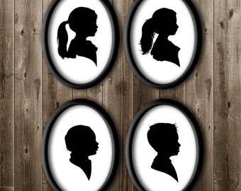 4 Traditional Profile Silhouettes, Siblings Silhouettes, Silhouette from your photo, Kids Play Room Decor, Custom Portrait, Gift for mom