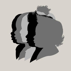 Puede incluir: Siluetas de cuatro personas, una al lado de la otra, con la cabeza girada hacia la izquierda. Las siluetas están en tonos grises.