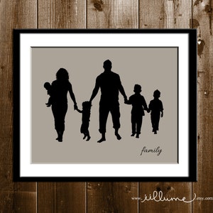 Custom Mother&#39;s Day Gift, Silhouette Portrait from your Photo, Family of 6 Silhouette, Silhouette Art, Parents and Children Silhouette Print