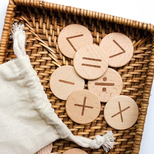 Math Symbol wooden coins | home school | early learning math | addition | subtraction | learn numbers | equation board | build equations
