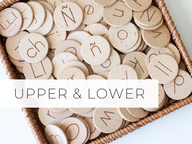 May include: A wicker basket filled with wooden letter tiles, featuring both uppercase and lowercase letters. The tiles are arranged in a random pattern, creating a visually appealing display. The text "UPPER & LOWER" is printed on a white banner below the basket.