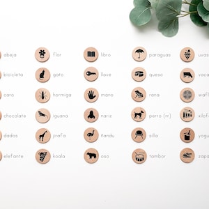 May include: A set of 30 wooden circles with black illustrations and Spanish words. The circles are arranged in five rows of six. Each circle features a different image and word, such as a bee, a flower, a book, an umbrella, grapes, a bicycle, a cat, a key, cheese, a cow, a car, an ant, a hand, a frog, a waffle, chocolate, an iguana, a nose, a dog, a xylophone, dice, a giraffe, an ostrich, a chair, yogurt, an elephant, a koala, a bear, a drum, and shoes.