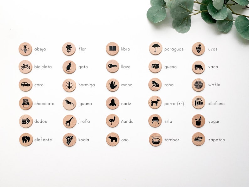 May include: A set of 30 wooden circles with black illustrations and Spanish words. The circles are arranged in five rows of six. Each circle features a different image and word, such as a bee, a flower, a book, an umbrella, grapes, a bicycle, a cat, a key, cheese, a cow, a car, an ant, a hand, a frog, a waffle, chocolate, an iguana, a nose, a dog, a xylophone, dice, a giraffe, an ostrich, a chair, yogurt, an elephant, a koala, a bear, a drum, and shoes.