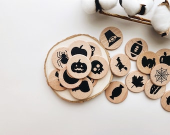 Fall Word Coins | halloween, thanksgiving, fall vocabulary, fall words, wooden toys, montessori, toddler games, word game, busy bag