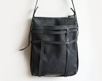Mondriaan Style Totebag, Artisian Leather Cross-Body Bag, Unique Genuine Leather Handbag, Black Leather Zip Bag