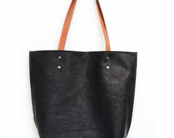 Smooth Black Leather Tote Bag, Handmade Leather Shoulderbag, Classic Black Leather Bag with Sturdy Double Handles
