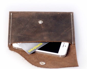 Sturdy Dark Brown Leather Wallet, Robust Brown Leather Etui, Flat Leather Purse, Phone and Card Case, Gift for Him