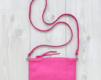 Pink Leather Statement Bag, Compartment Bag, Zip Shoulderbag with three Sections, Rasperry Pink Leather Slingbag