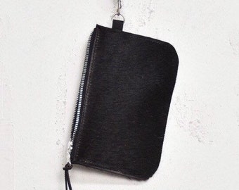 All Black Cowhide Etui with YKK metal Zip, Leather Clutch with Wristband, Top Zippered Purse, Supersoft Hair on Hide Wallet