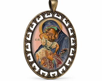 Virgin Mary Icon Pendant, Joyful Vzigranie Theotokos, Orthodox Christian Medal