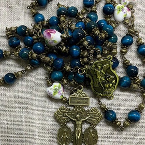 Catholic Rosary Heirloom Vintage Style | Pardon Crucifix St Michael Archangel Centerpiece Handmade Devotional Gemstones Beads Ceramic Hearts