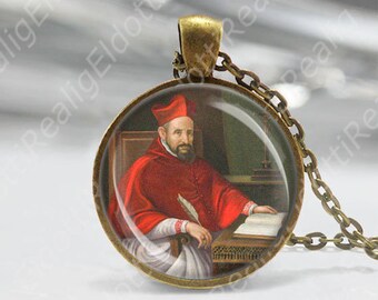 St Robert Southwell Religious Round Medal Silver Tone Pendant with Rhinestones