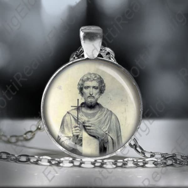 St. Justin Catholic Necklace Christian 25mm Medal Silvertone Pendant Patron Saint Religious Jewelry