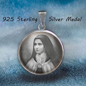 St Therese Lisieux Religious Christian Medal. Sterling Silver 925 Pendant 20mm Black and White