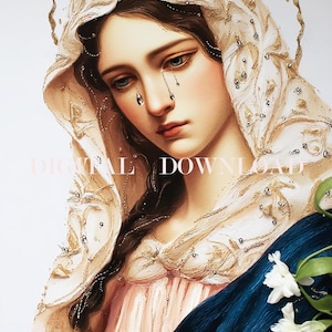 Our Lady Tears Pearls Mary Digital Art Sorrowful Mother Catholic Print Download