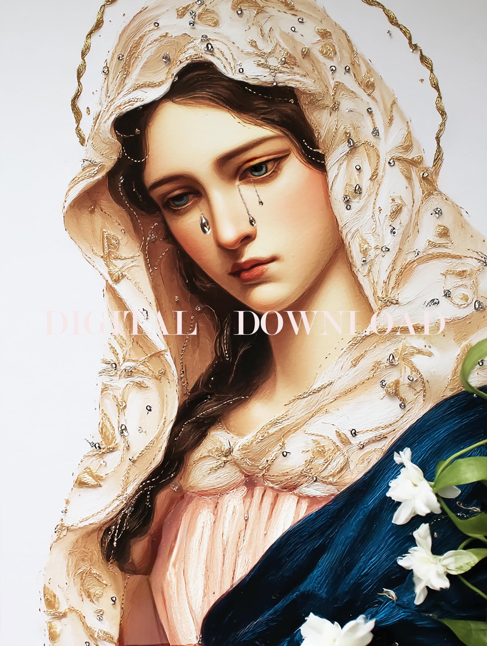 聖母マリアの涙の真珠のデジタルアート悲しみの母カトリックプリント