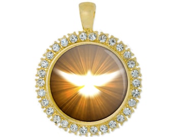 Holy Spirit Pendant Ghost White Dove Round Gold Tone Medal with Rhinestones