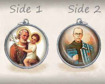 St Joseph / St Maximilian Kolbe Christian Catholic Medal Pendant / Charm Double Sided. Two Sided Reversible Medal.
