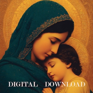 Moeder Maria wiegt liefdevol het kind Jezus Christus DIGITALE DOWNLOAD Religieuze kunst Print Christian