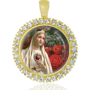 Our Lady of Fatima Gold Tone Pendant Virgin Mary with Roses Medal with Rhinestones