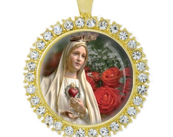 Our Lady of Fatima Gold Tone Pendant Virgin Mary with Roses Medal with Rhinestones