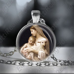 Our Lady Virgin Mary Holding Baby Jesus and Lamb Catholic Medal Necklace. Religious Pendant Necklace Silver Tone.