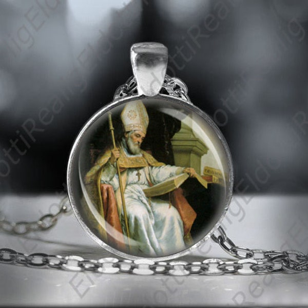 St. Isidore of Seville Catholic Necklace 1 inch Medal Silvertone Pendant Christian Religious Jewelry