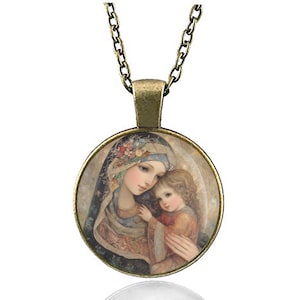 St Anne and Child Mary Catholic Necklace - Saint Ann Patron Pendant Medal.