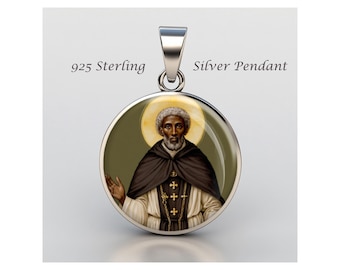 Medalla Religiosa Cristiana de San Benito Moro en Plata de Ley 925 Patrón Cristiano