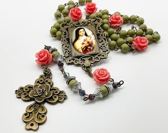 Rosary Saint Therese of Lisieux - Olive Green Ceramic Beads and Roses