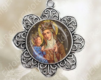 St Anne Mother of Mary Medal Flower Shaped Silver Tone Catholic Christian Jewelry