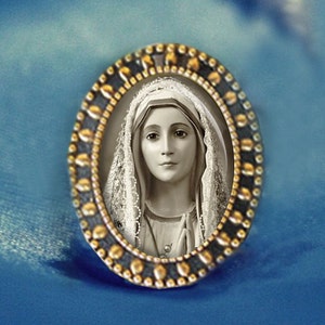 Our Lady of Fatima Virgin Mary Brooch Catholic Broach. Antique Gold Religious Pin. Patron Saint Brooch