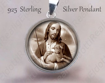 Jesus with Lamb Pendant: Religious Sterling Silver Christian Medal  0.8" (20 mm)