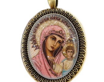 Our Lady of Kazan Theotokos Medal Russian Orthodox Icon Bronze Pendant Religious  Style Jewelry