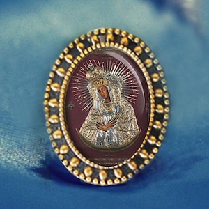 Black Madonna Our Lady of the Gate of Dawn Vilnius Mary Brooch Catholic Broach Antique Gold Pin