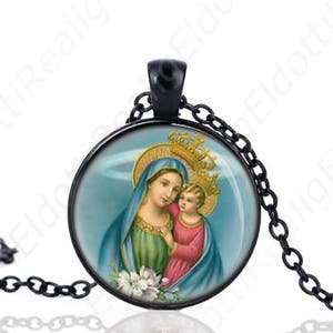 Our Lady of Consolation Black Necklace Virgin Mary Jesus Crown Catholic Medal Pendant Chain