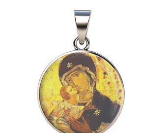 Our Lady Vladimir 925 Sterling Silver Round Pendant Christian Religious Medal   0.8" (20 mm)