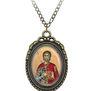 Saint Menas Mina, Minas, Mena Martyr and Wonder Worker Orthodox Egyptian Saint Necklace Bronze Oval Medal