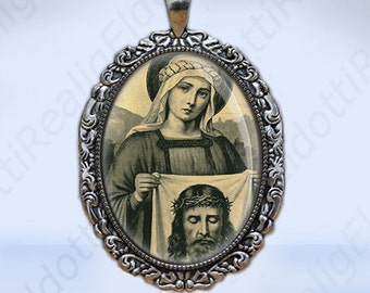 St. Veronica and The Holy Face Jesus Christian Catholic Medal Sepia Color Victorian Style Pendant