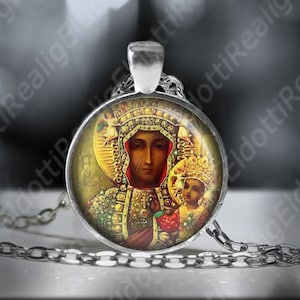 Black Madonna Our Lady of Czestochowa Catholic Necklace. Christian Pendant Medal.