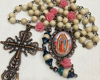 Our Lady of Guadalupe Rosary: Ivory Jade, Coral Roses, Bronze Victorian Style