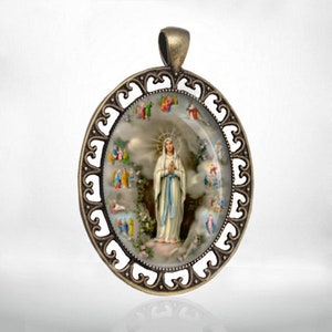 Our Lady of Lourdes Large Bronze Pendant Virgin Mary Medal